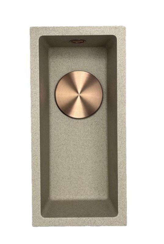 GraniteMy Universal žulový béžový pískový malý dřez 17x40 cm pro povrchovou montáž, podstavnou montáž a zapuštěnou montáž s měděnou zátkou 1208968004