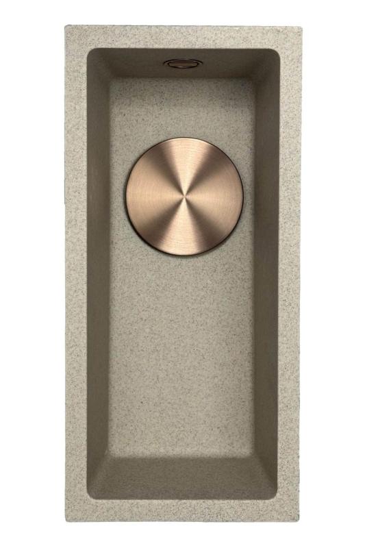 GraniteMy Universal žulový béžový pískový malý dřez 17x40 cm pro povrchovou montáž, podstavnou montáž a zapuštěnou montáž s měděnou zátkou 1208968004