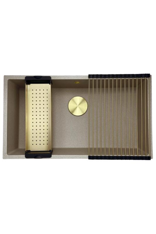 GraniteMy Universal žulový béžový pískový dřez 74x40 cm s horní, spodní a rovnou montáží se zlatou zátkou 1208968018