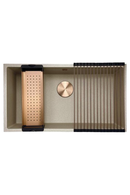 GraniteMy Universal žulový béžový pískový dřez 74x40 cm, povrchová montáž, podstavná montáž a zapuštěná montáž s měděnou zátkou 1208968019