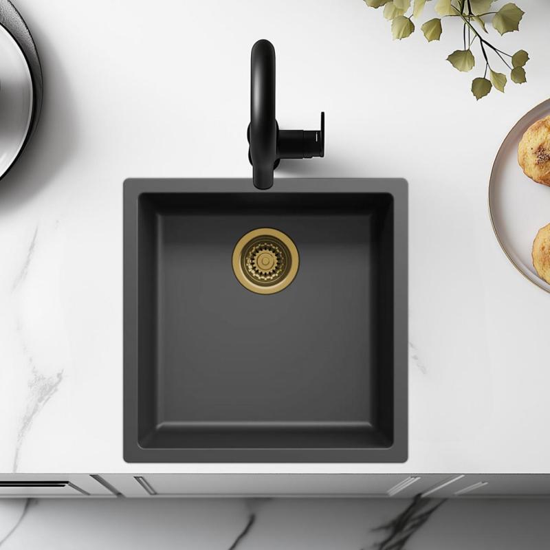 Zwarte spoelbak 40x40 cm onderbouw, opbouw en vlakbouw met gouden plug 1208968034