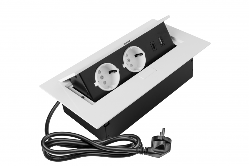 Nábyteková zásuvka 2x zásuvka se zemnicím, USB A+C, napájecí kabel se zástrčkou, bílá