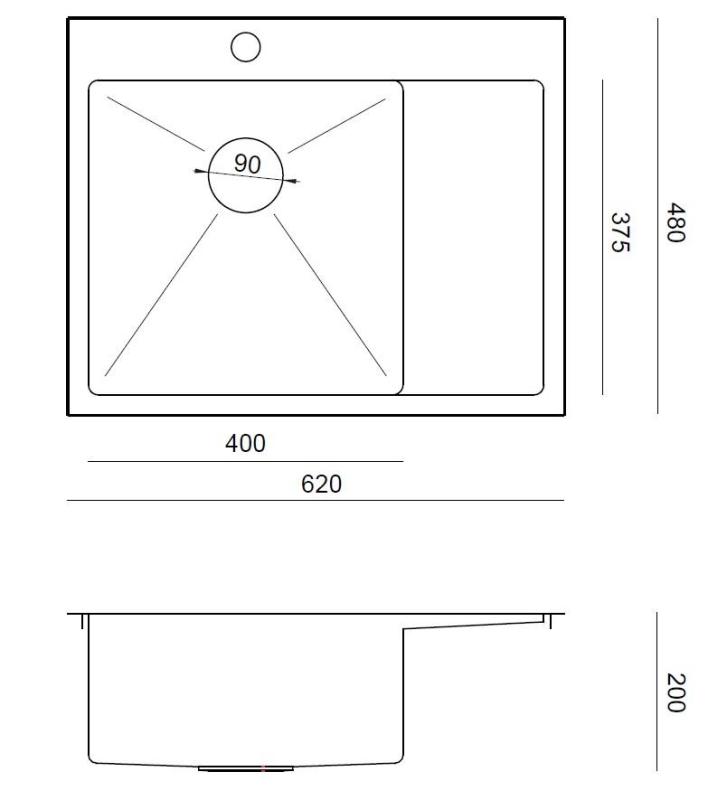 Aquadesign Clara Dřez Nerez s Levostrannou Miskou 62x48cm Montáž na Povrch nebo Vestavěná Montáž s Odkapávačem, Otvorem pro Baterii a Nerezovou Zátkou - 1208969501