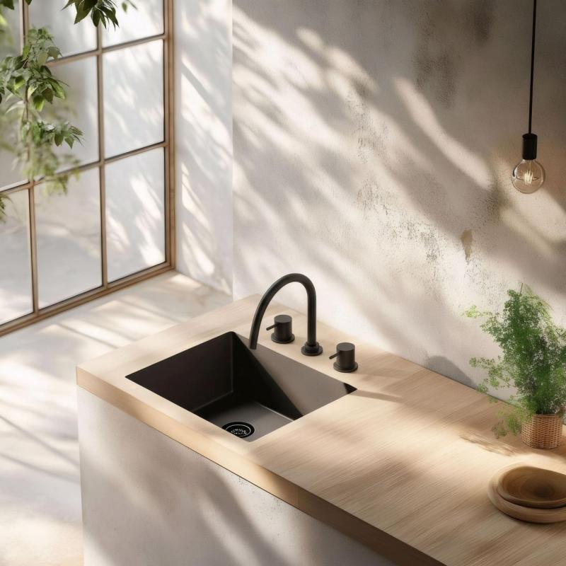 Waterevolution Flow 3-otvorová kuchyňská směšovací baterie s otočným výtokem a připojením na filtrovanou vodu, černá T152UPR