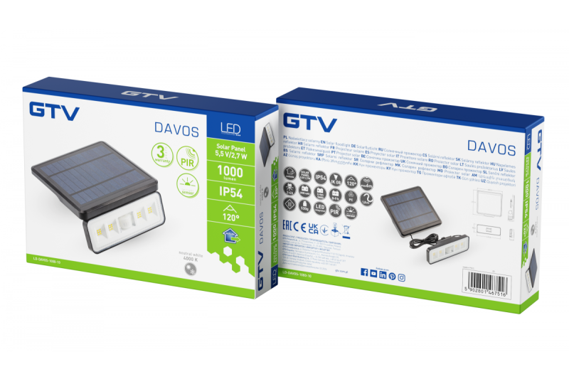 Sluneční svítidlo s pohybovým a stmívacím senzorem DAVOS, LED, 1000lm, 4000K, 2000mAh, IP54, černé