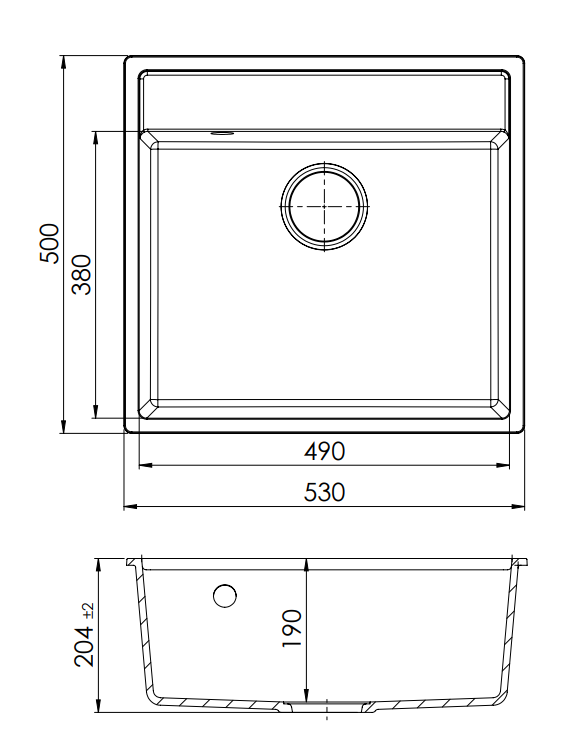 GraniteMy Bremen Granitový Dřez 53x50 cm Černý - Povrchová, Podstavná a Rovná Montáž s Otvorem pro Kran a Kovovou Zátkou Gun metal 1208969971 - Productafbeelding 2