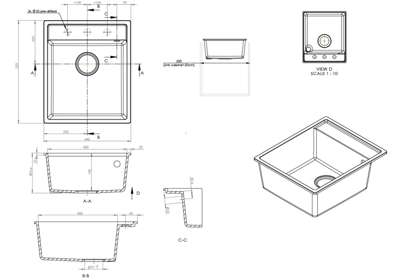 GraniteMy Bremen Granitový Dřez 44x52 cm Černý – Nadstavba, Podstavba a Rovná Montáž s Otvorem pro Baterii a Nerezovým Uzávěrem 1208969991