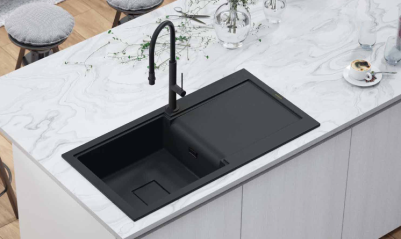 GraniteMy Zafiri Black Granite Top-Mount Sink 97x50 cm with Draining Board, Reversible, with Black Square Drain Cover 1208969997