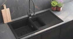 GraniteMy Zafiri Černý Granitový Dřez 1,5 Dřezu 100x50 cm s Odkapávačem, Otočný, s Černým Čtvercovým Krytem Odtoku 1208969998