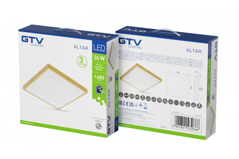 ALTAR LED Stropní lampa, 295x295mm, 4000K, 24W, 1680lm, AC180-250V, 50/60 Hz, PF>0.5, IP44, Zlatavá barva, 3 roky záruky.