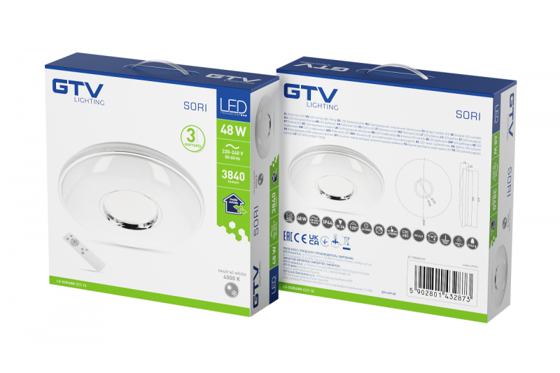 SORI LED stropní lampa, Ø490mm, CCT, 48W, 3840lm, AC180-250V, 50/60 Hz, PF>0,9, IP54, dálkové ovládání, bílá, 3 roky záruky.