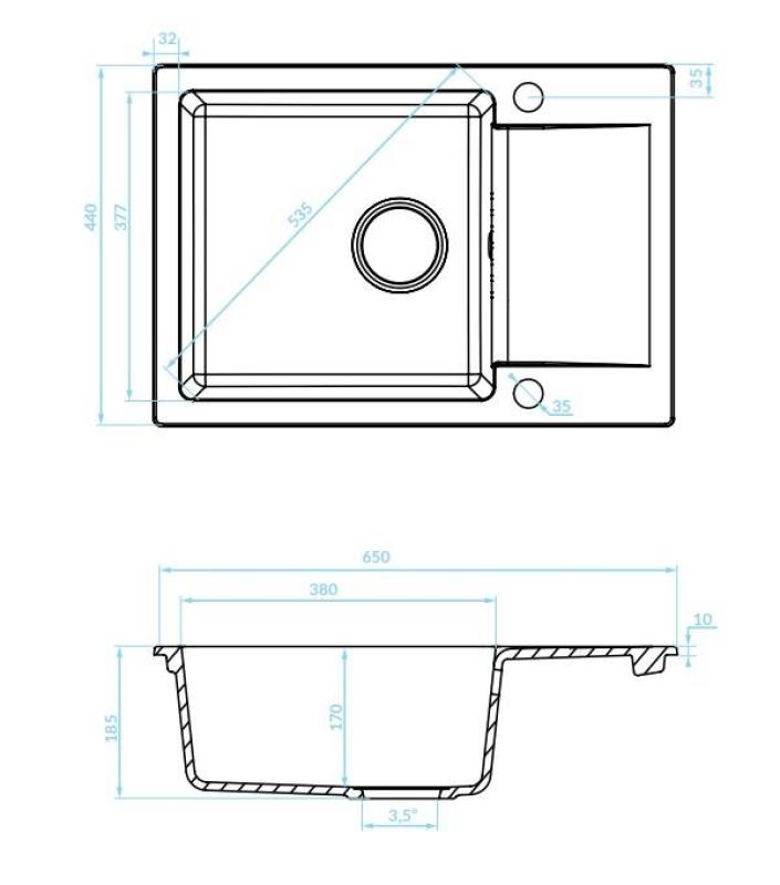 Aquadesign Kensley Set - Žulový Nástavbový Dřez Šedý s malou Odkapávací plochou a Kuchyňskou Baterií, 65 x 44 cm 1208970086