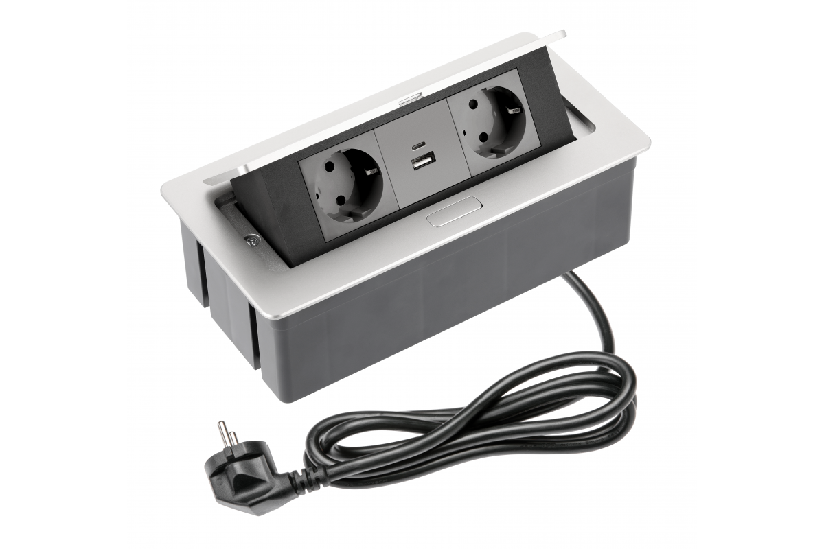 Nábytková zásuvka SOFT 2x Schuko zásuvka, USB A+C, napájecí kabel se zástrčkou, hliník