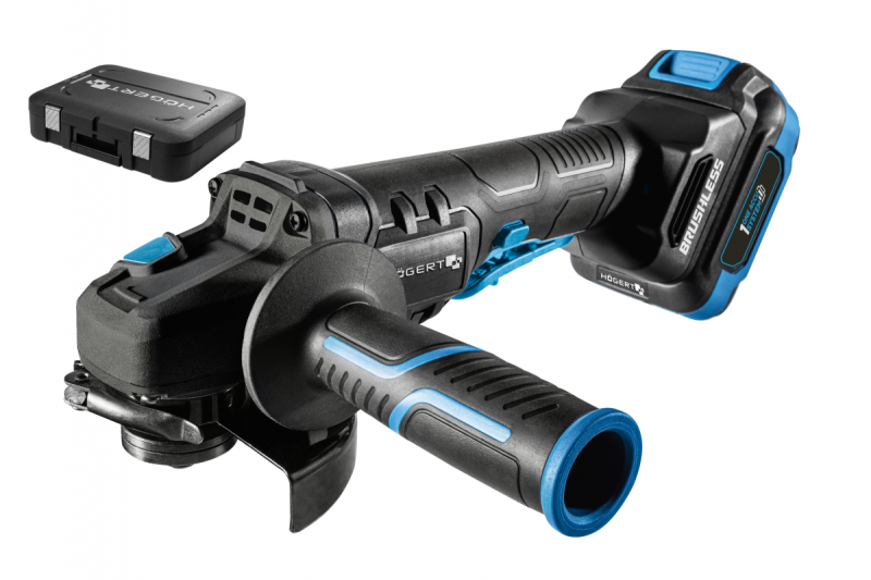HÖGERT Akumulátorová úhlová bruska s pádlem spínačem, 125MM, 18V - Sada (baterie, nabíječka, příslušenství)