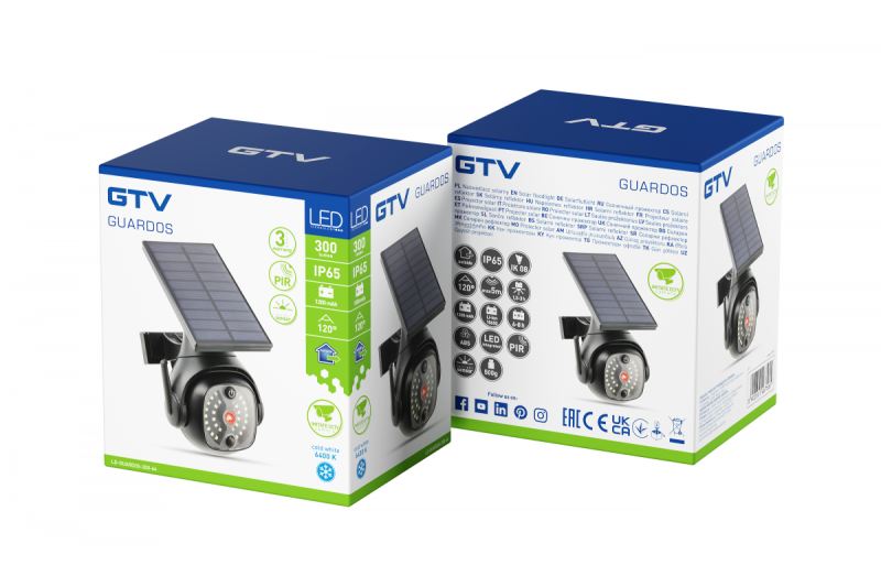 Sluneční reflektor s pohybovým a šerovým senzorem GUARDOS, LED, 300lm, 6400K, 1200mAh, IP65, dummy kamera