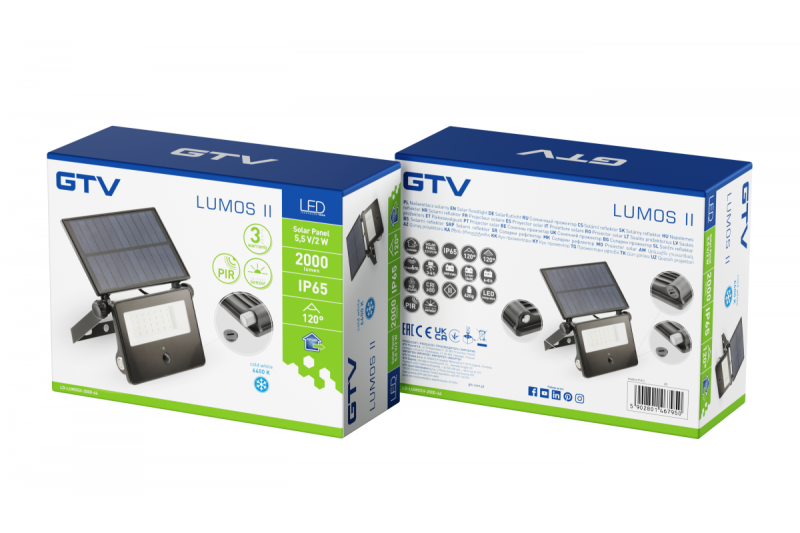 Sluneční povodňové světlo LUMOS II, LED, 2000lm, 6400K, 2600mAh vyměnitelné, IP65, černé