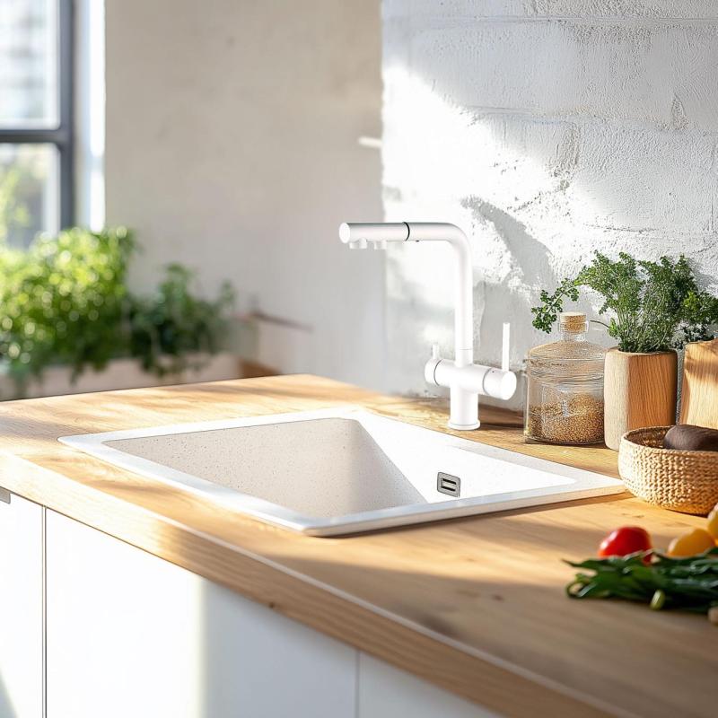 Ausmann Ellington 3-cestná kuchyňská baterie s výsuvnou hubicí a filtrováním vody – bílá - 1208970496