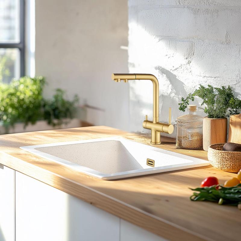 Ausmann Ellington 3-Cestná Kuchyňská Baterie s Výsuvnou Hubicí a Filtrovanou Vodou – Zlatá – 1208970498