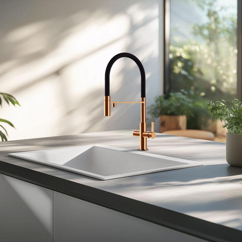 Ausmann Claridge 3-cestná kuchyňská baterie s flexibilním výtokem a filtrováním vody – Měď - 1208970503