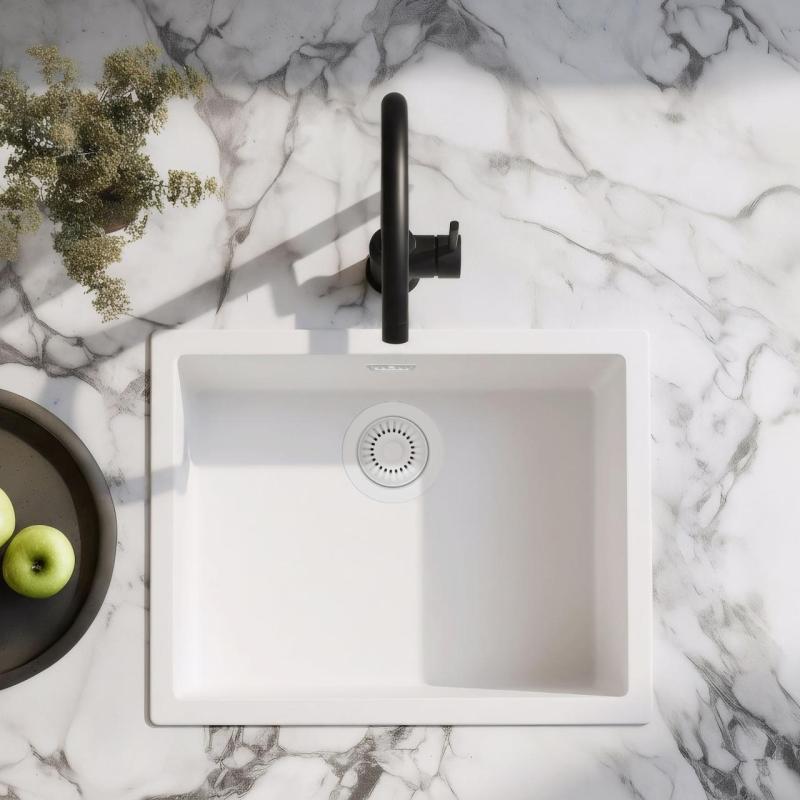 Bílý dřez 50x40 cm Podstavba, Nadstavba a Rovná vestavba s bílou zátkou 1208970531