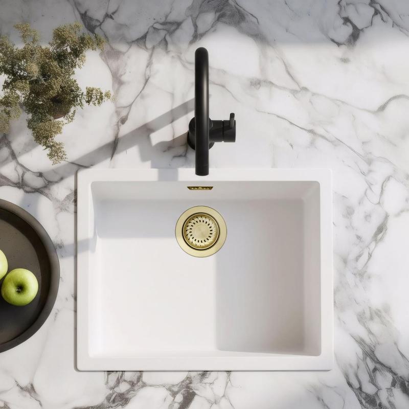 Bílý umyvadlo 50x40 cm vestavné, nástavbové a rovné s zlatým zátkou 1208970532