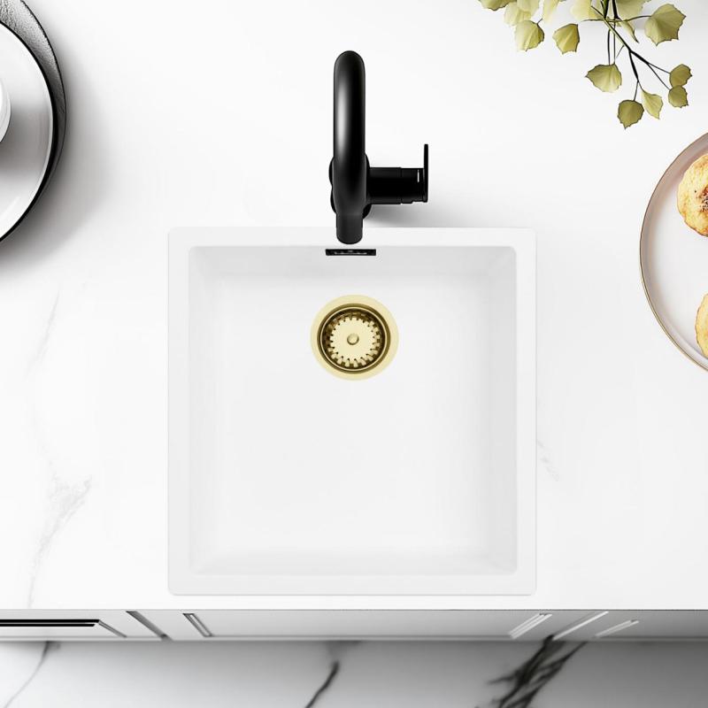 Bílý dřez 40x40 cm podstavba, nástavba a rovný vstup s zlatým zátkou 1208970537