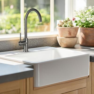 Ausmann Ceramic Panor Shade Keramický bílý dřez Butler – podstavný a mezipodstavný 630 x 597 mm s otvorem pro baterii a matnou černou zátkou 1208970554