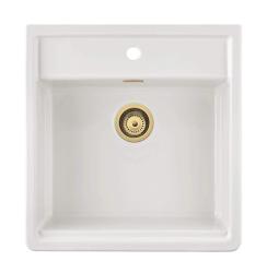 Ausmann Ceramic Panor Shade Keramický bílý dřez Butler - Podskříňový a mezipodlažní 630 x 597 mm s dírou pro kohoutek a zlatou zástrčkou 1208970558