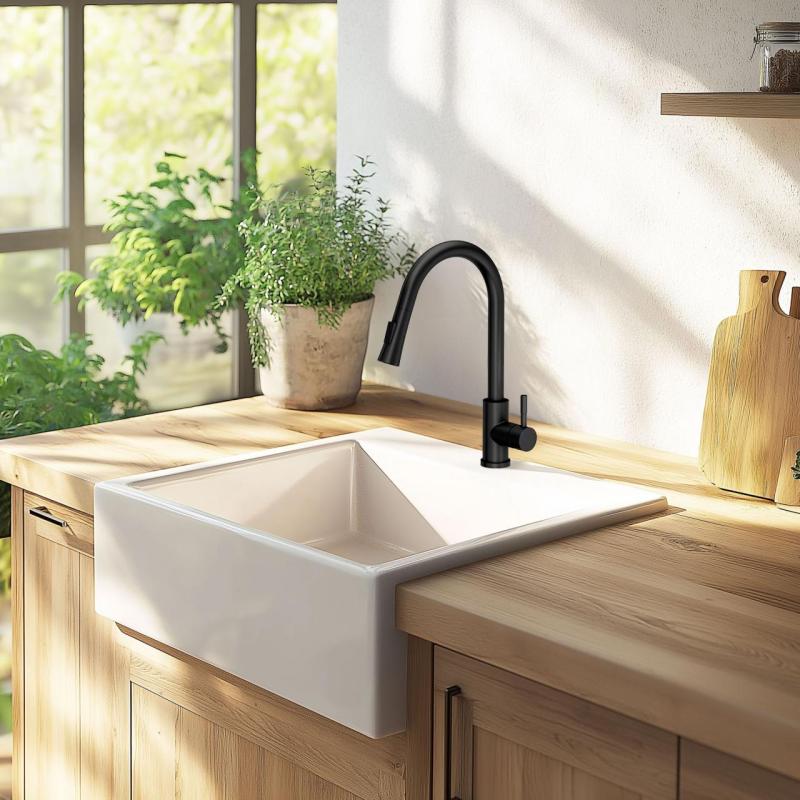 Ausmann keramický panoramatický stín Keramický bílý butler dřez - spodní a střední montáž 630 x 597 mm s otvorem pro baterii a nerezovým špuntem 1208970560