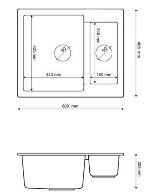 Graniteland Adda Granit černý Arduin tvrdý kámen vzhled 1.5 Dřez na pracovní desku 600x495mm s nerezovým odpadem 1208970619.