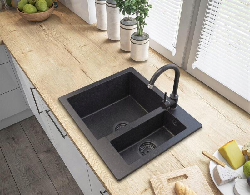 Graniteland Adda Granit černý Arduin tvrdý kámen vzhled 1.5 Dřez na pracovní desku 600x495mm s nerezovým odpadem 1208970619.