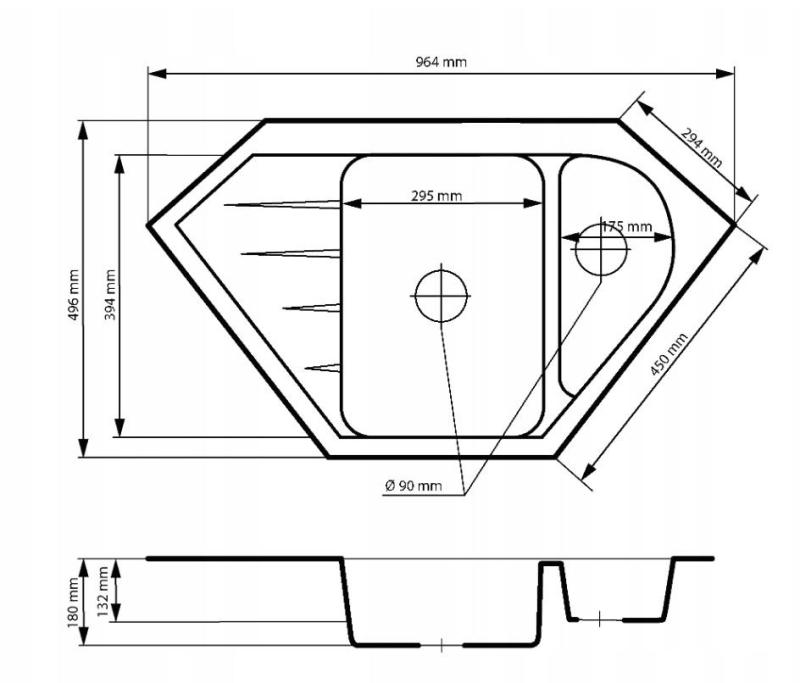 Graniteland Amiata Granit černý Arduin tvrdý kámen vzhled Nádrž na rohovou montáž 965x496mm s nerezovou zátkou 1208970620