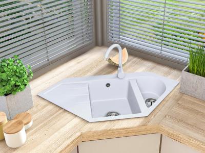 Graniteland Amiata Granitový bílý rohový dřez na montáž 965 x 496 mm s nerezovou zátkou 1208970622