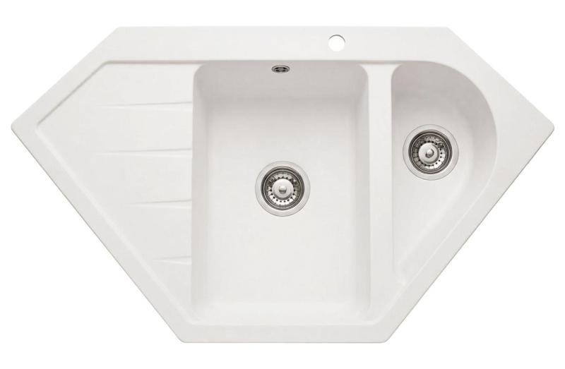 Graniteland Amiata Granitový bílý rohový dřez na povrchovou montáž 955 x 489 mm s nerezovou zátkou 1208970622