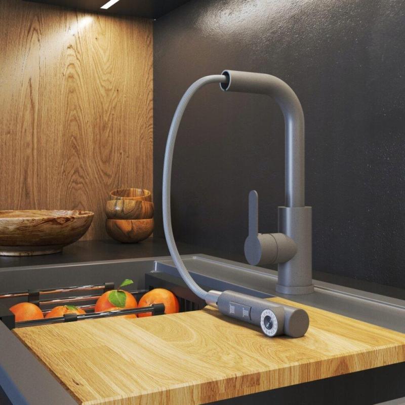 Graniteland Celeste Kuchyňská Baterie Šedá s Výsuvnou Výpustí a Dvoufunkční Ruční Sprchou 1208970663