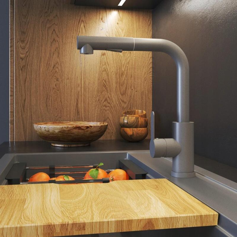 Graniteland Celeste Kuchyňská Baterie Šedá s Výsuvnou Výpustí a Dvoufunkční Ruční Sprchou 1208970663