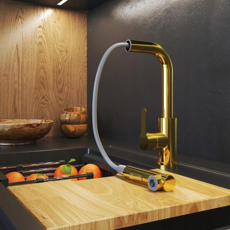 Granitová baterie Celeste Zlatá kuchyňská baterie s výsuvnou sprškou a dvoufunkční ruční sprchou 1208970664.