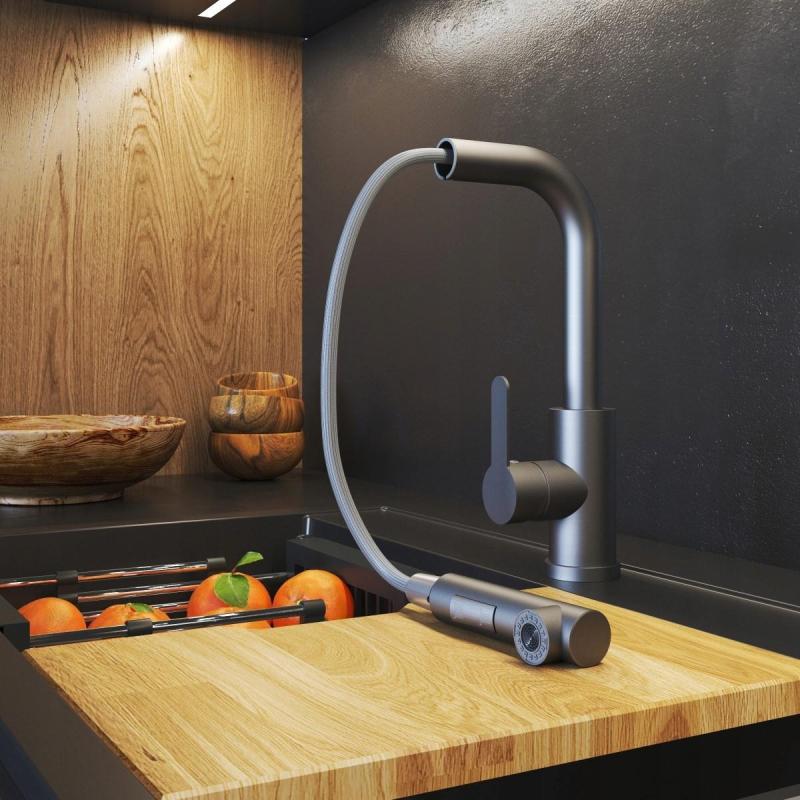 Graniteland Celeste Kuchyňská baterie Gun Metal s výsuvnou výtokovou trubicí a ruční sprchou s dvojitou funkcí 1208970666.
