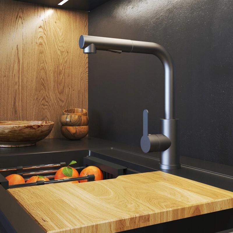 Graniteland Celeste Kuchyňská baterie Gun Metal s výsuvnou výtokovou trubicí a ruční sprchou s dvojitou funkcí 1208970666.