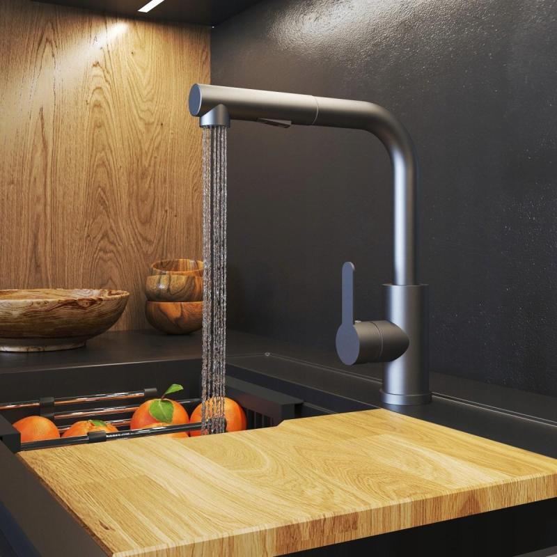 Graniteland Celeste Kuchyňská baterie Gun Metal s výsuvnou výtokovou trubicí a ruční sprchou s dvojitou funkcí 1208970666.