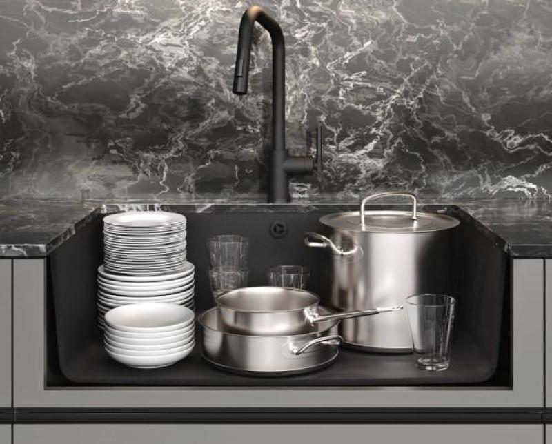 AquaGranite Modulo R19 velký černý žulový dřez 76x43 cm pro spodní a horní montáž s nerezovou zátkou 1208970688