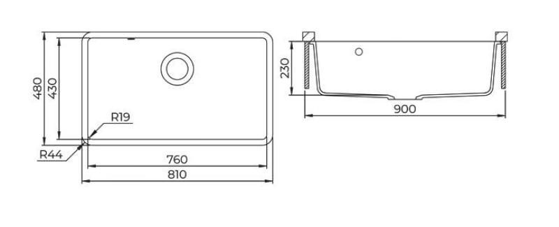 AquaGranite Modulo R19 velký černý žulový dřez 76x43 cm pro spodní a horní montáž s nerezovou zátkou 1208970688