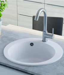 AquaGranite Lago Bílý žulový kulatý dřez na desku 505 mm s nerezovou zátkou a 1 otvorem pro baterii 1208970689