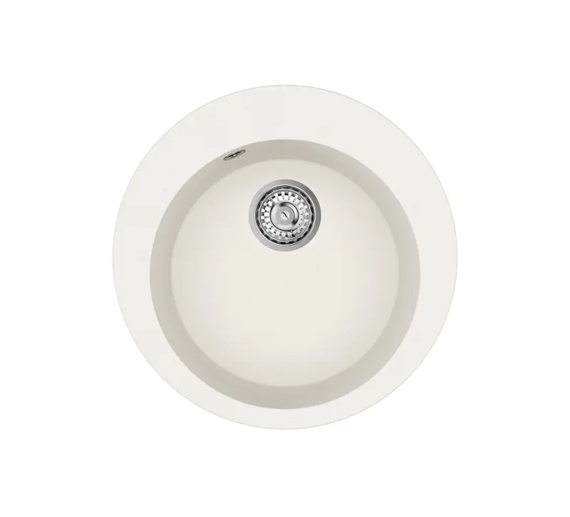 AquaGranite Lago Bílý žulový kulatý dřez na desku 505 mm s nerezovou zátkou a 1 otvorem pro baterii 1208970689