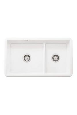 Ausmann Ceramic Ember Keramický Bílý Jednoapůltorový Dřez na Povrchovou a Podpovrchovou Montáž 733 x 401 mm s Nerezovými Zátkami 1208970737