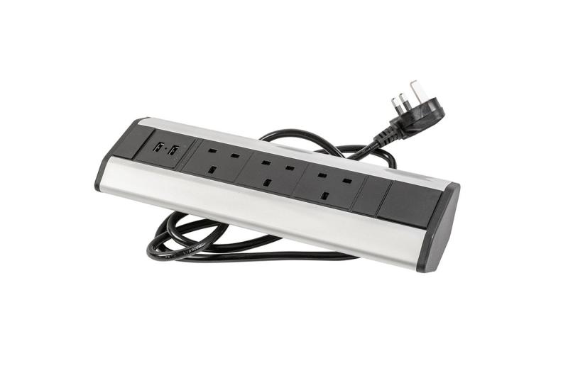 Kancelářský prodlužovací kabel s úhlovými 3x UK zásuvkami, 2x USB 2.1A 5V (stříbrný) BEZ LOGA