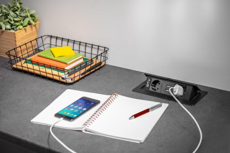 Prodlužovací kabel na stůl SOFT 2x zásuvka Schuko, USB 2,1 A, napájecí kabel s konektorem, černý