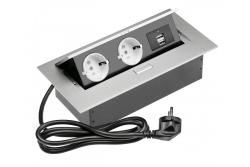 Připojovací kabel pro stůl 2x zásuvka Schuko, 2x USB, napájecí kabel se zástrčkou, hliník