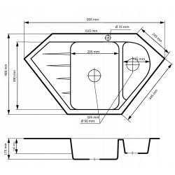 Graniteland Amiata Granitový černý rohový dřez na povrchovou montáž 955 x 489 mm s nerezovou zátkou 1208971120