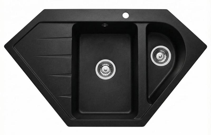 Graniteland Amiata Granitový černý rohový dřez na povrchovou montáž 955 x 489 mm s nerezovou zátkou 1208971120